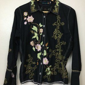 JWAS Embroidery Johnny Was Shirt Blouse Black Med.